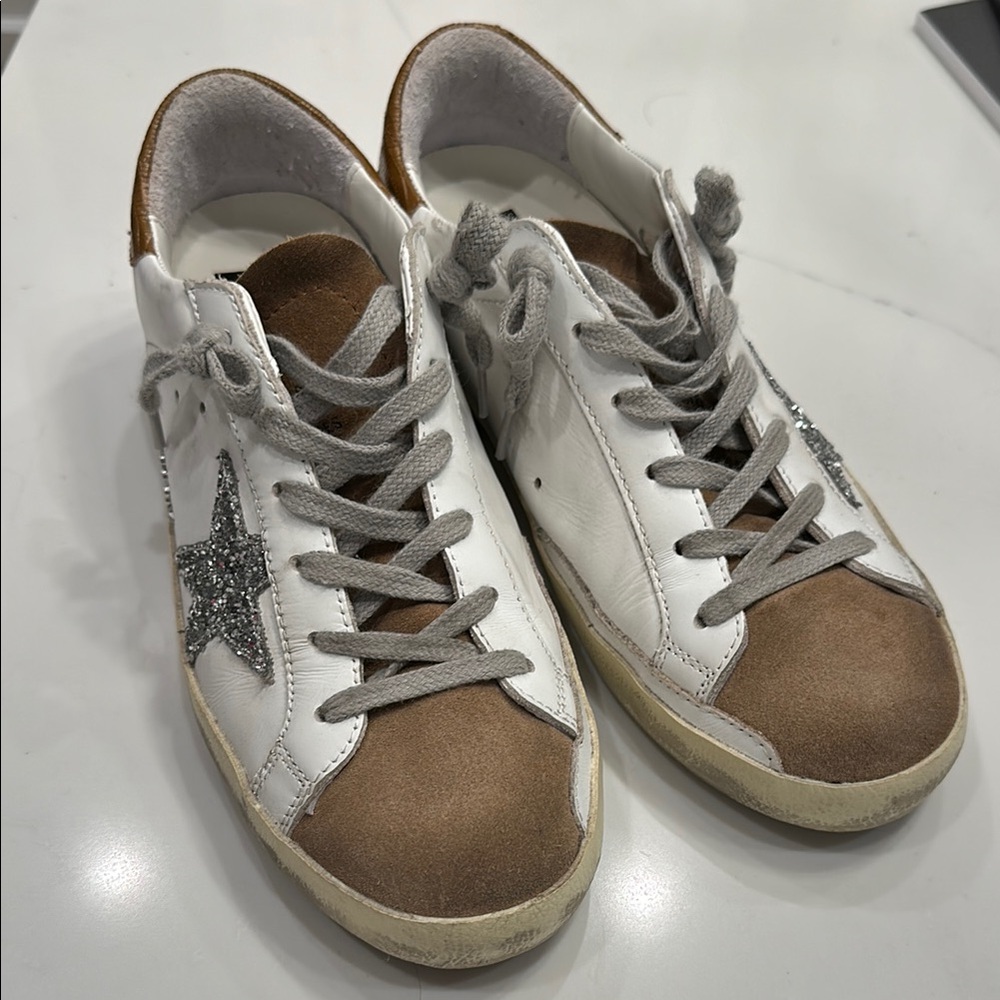 Golden Goose White and Brown Sneakers with Silver Star